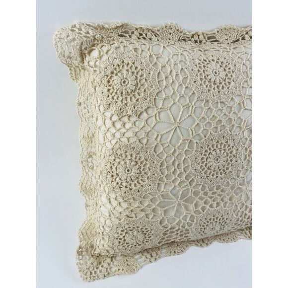 Vintage Crochet Lace Throw Accent Pillow Grannycore Cottagecore 14x14" Ecru Cott - Picture 2 of 9